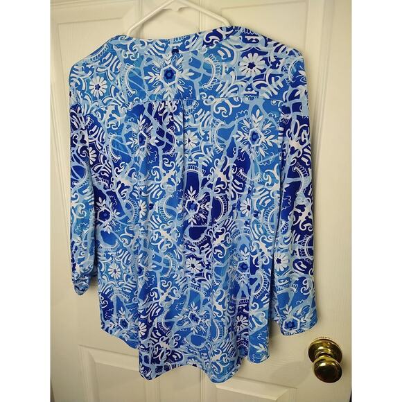 Ny Collection Blouse *M* Blue White Floral Abstract V Neck Roll Tab Sleeve - Picture 10 of 10